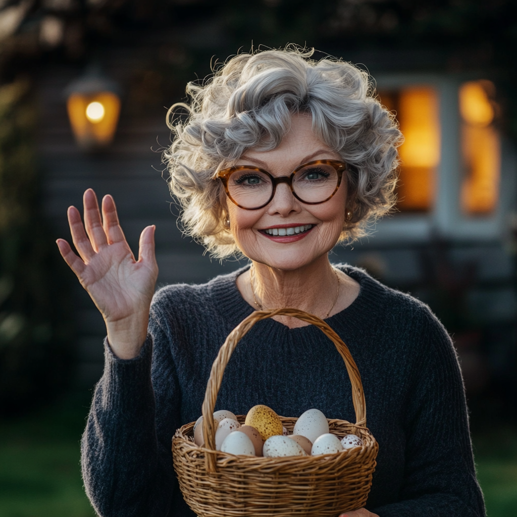 Una anciana sonriente con una cesta de huevos | Fuente: Midjourney