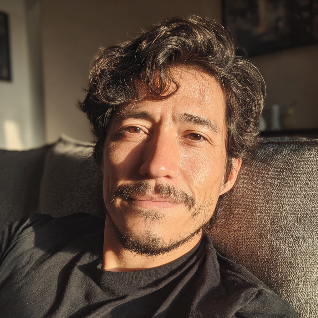 Un uomo seduto su un divano che sorride dolcemente | Fonte: Midjourney