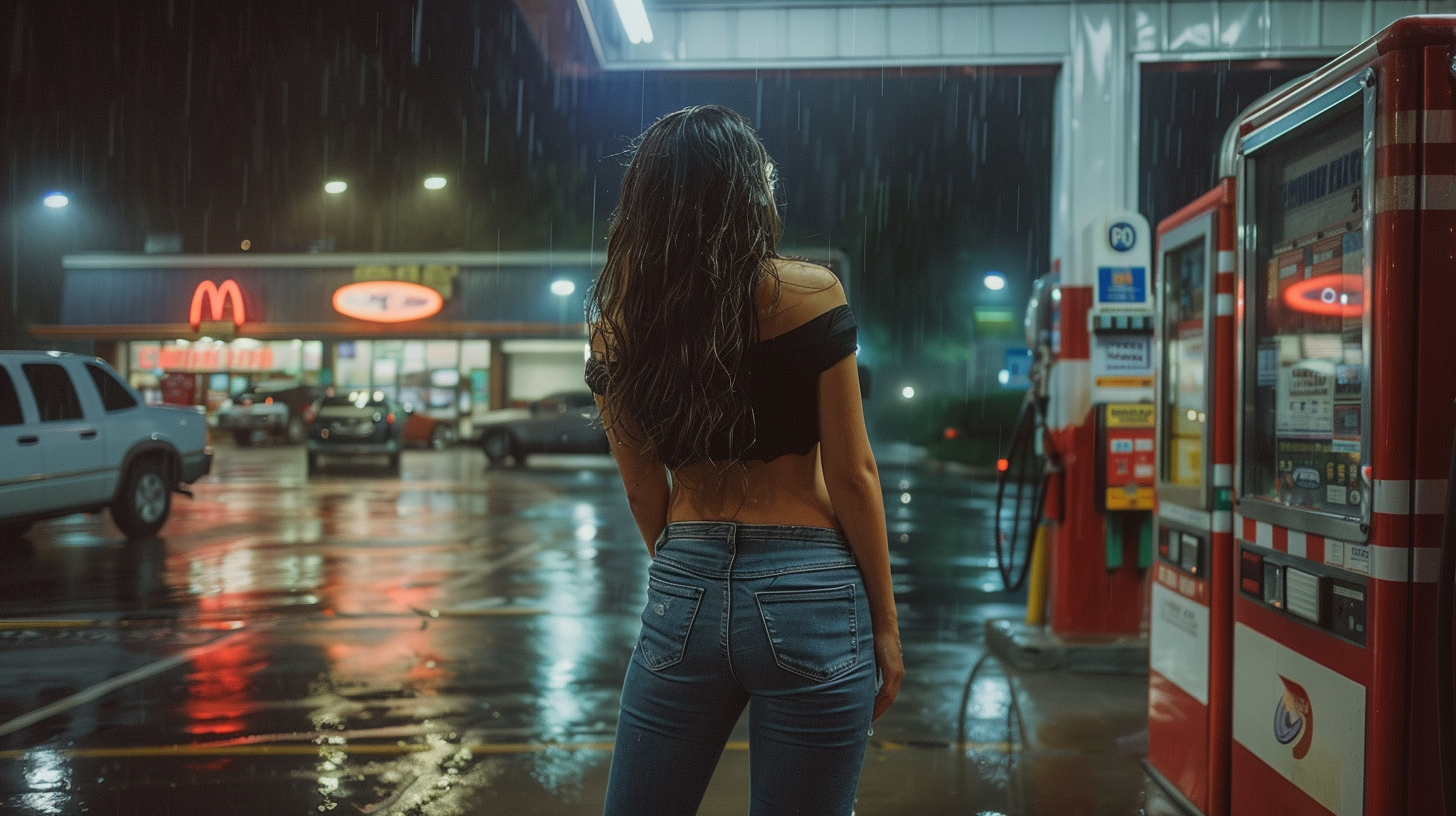 Mujer de pie en una gasolinera durante la tormenta | Foto: Midjourney