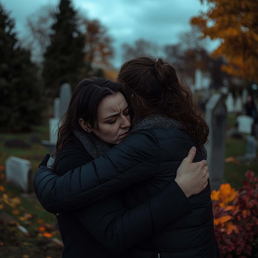 Dos mujeres abrazándose en un cementerio ⏐ Fuente: A medio camino