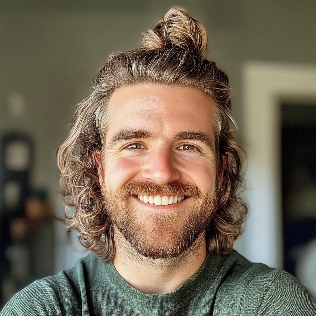 Un hombre sonriente con un moño | Fuente: Midjourney