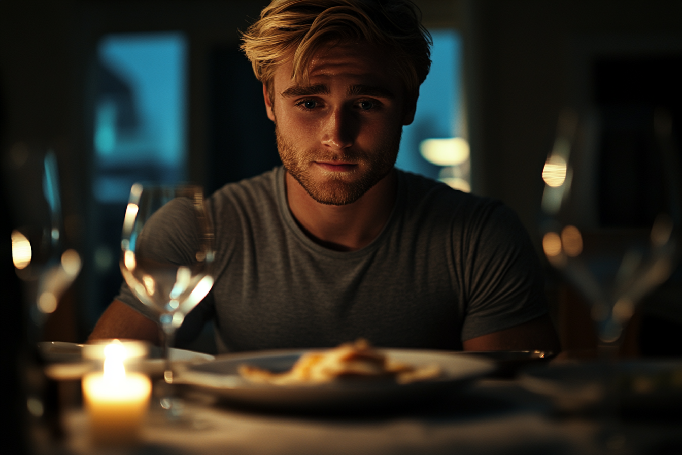 Un hombre mirando su plato | Fuente: Midjourney