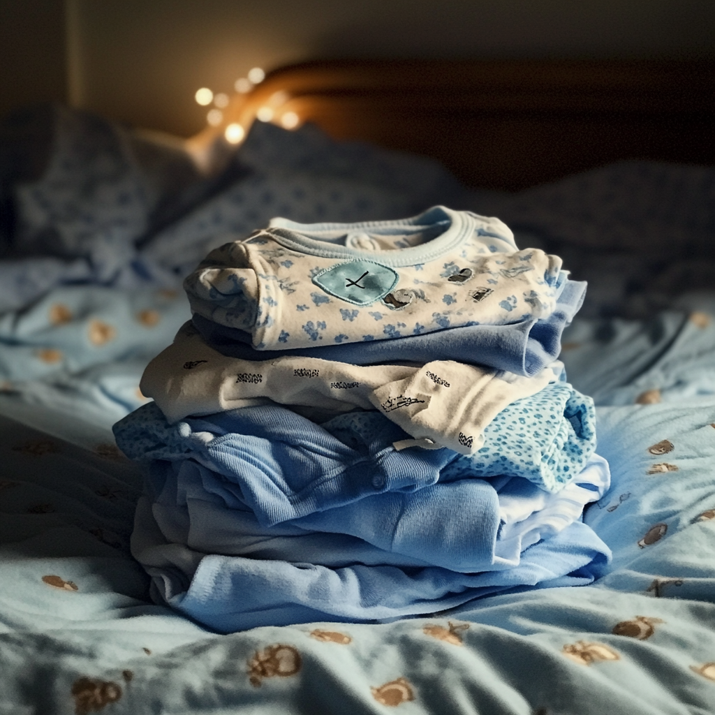 Un montón de ropa de bebé sobre una cama | Fuente: Midjourney