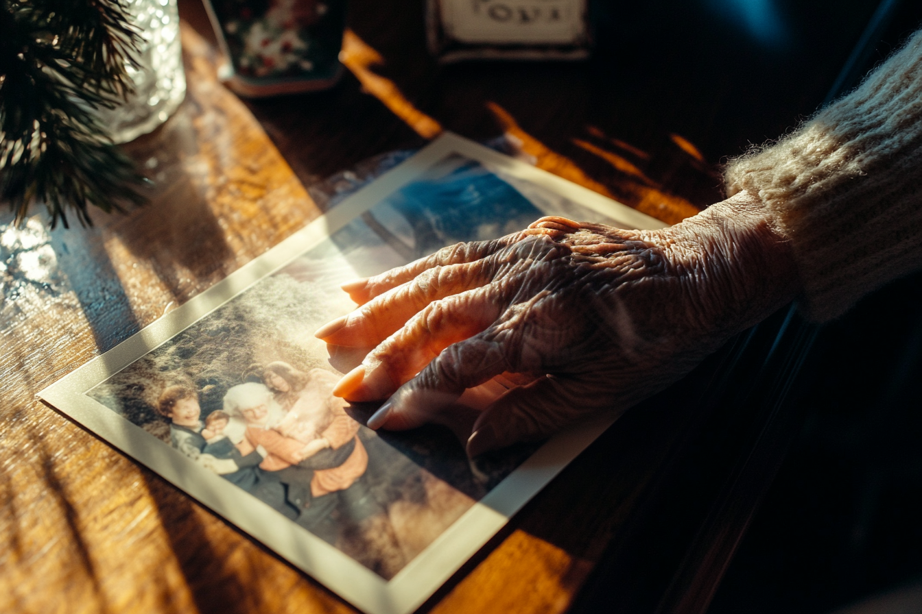 Mano de mujer golpeando una foto en la mesa de la cocina | Fuente: Midjourney