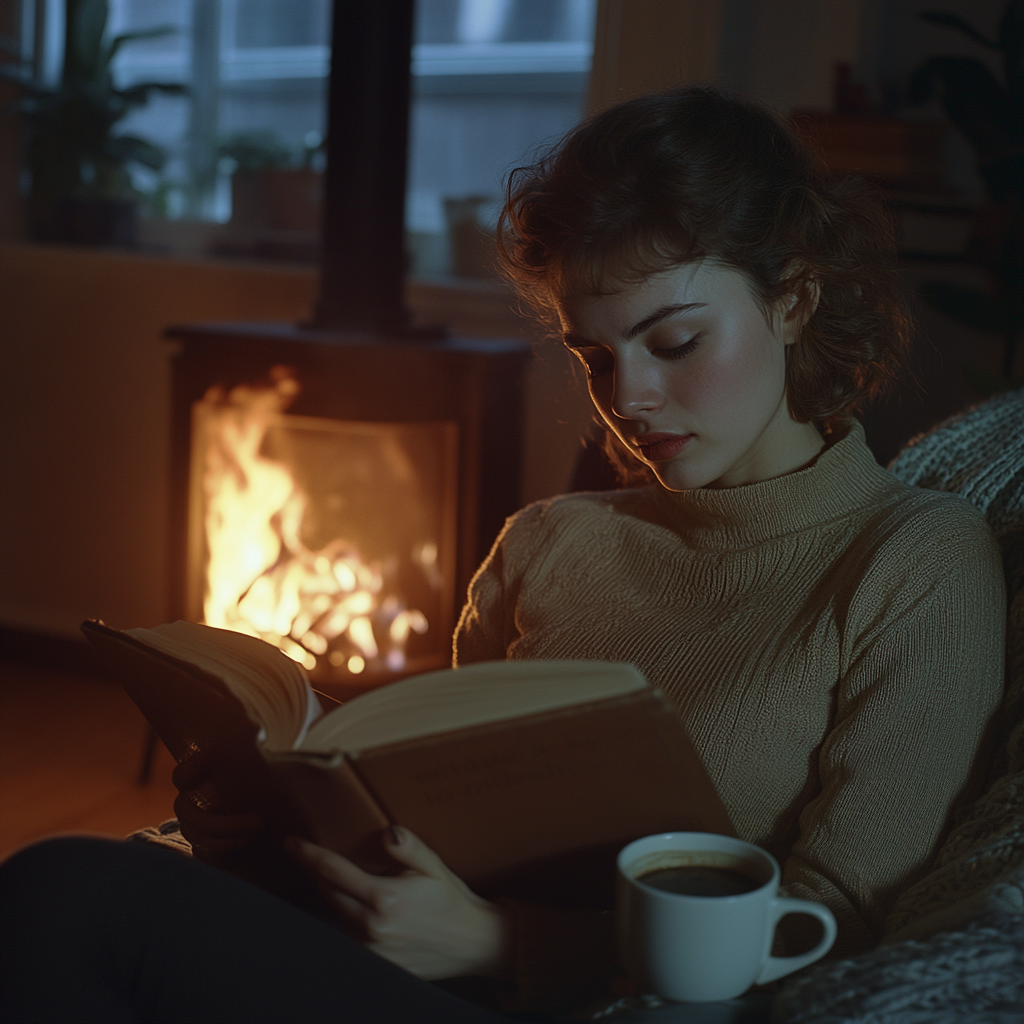 Una mujer leyendo un libro cerca de un horno | Fuente: Midjourney