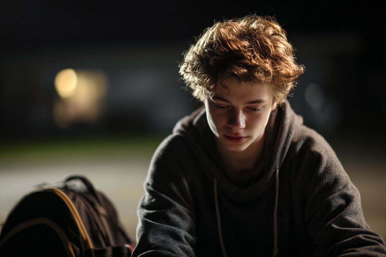 Un ragazzo seduto in un parcheggio | Fonte: Midjourney