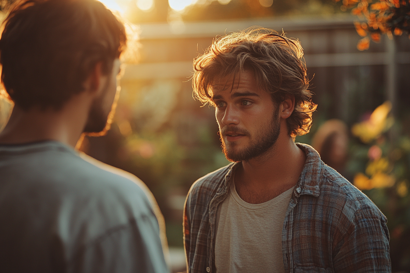 Hombres manteniendo una conversación seria | Fuente: Midjourney