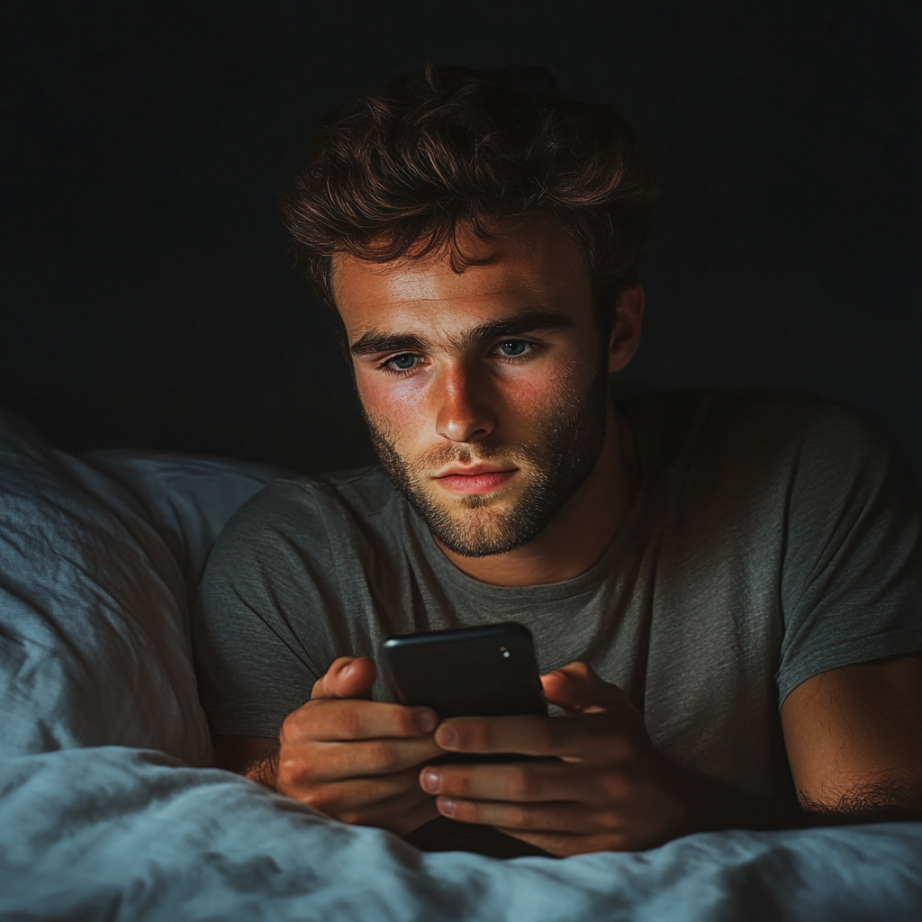 Un hombre utilizando un smartphone en su dormitorio | Fuente: Midjourney