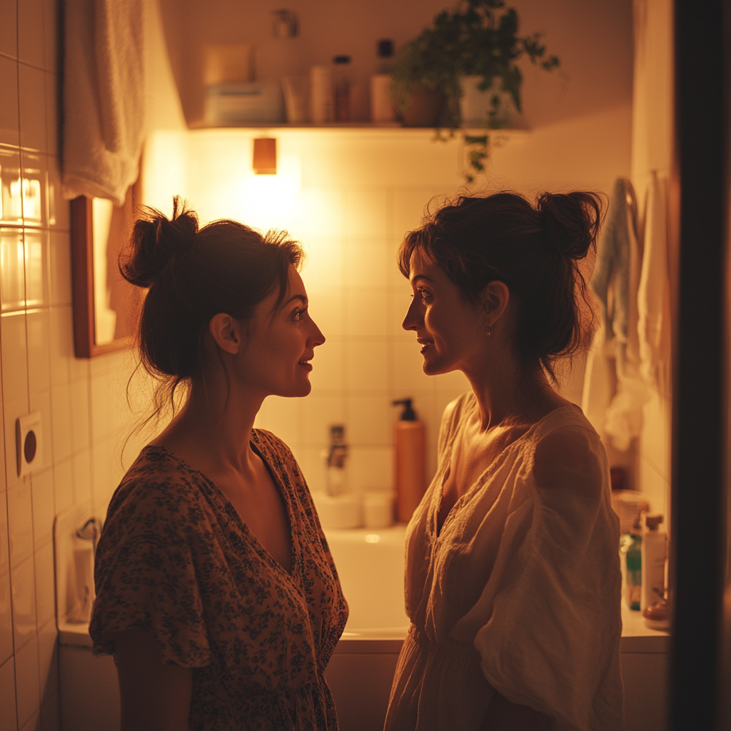 Dos hermanas hablando en su cuarto de baño | Fuente: Midjourney