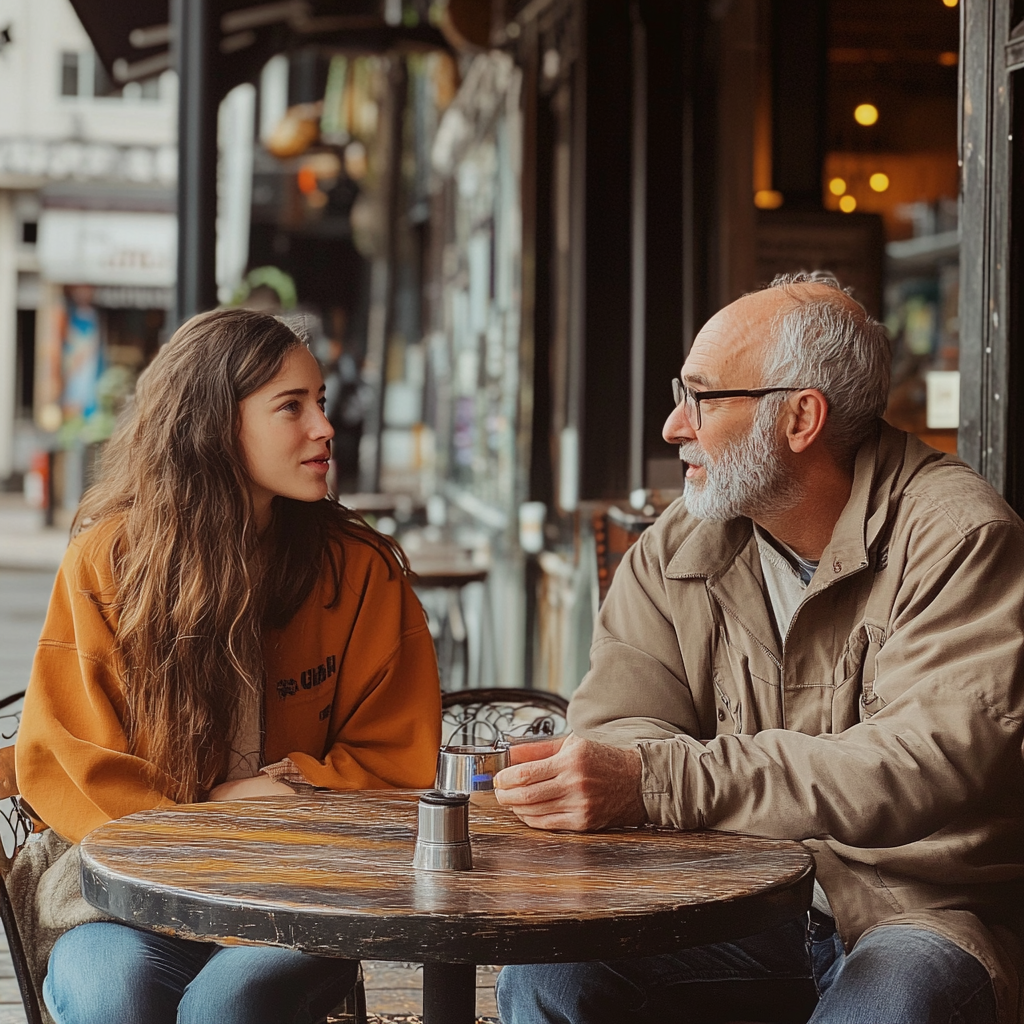 Un anciano y una joven manteniendo una conversación | Fuente: Midjourney