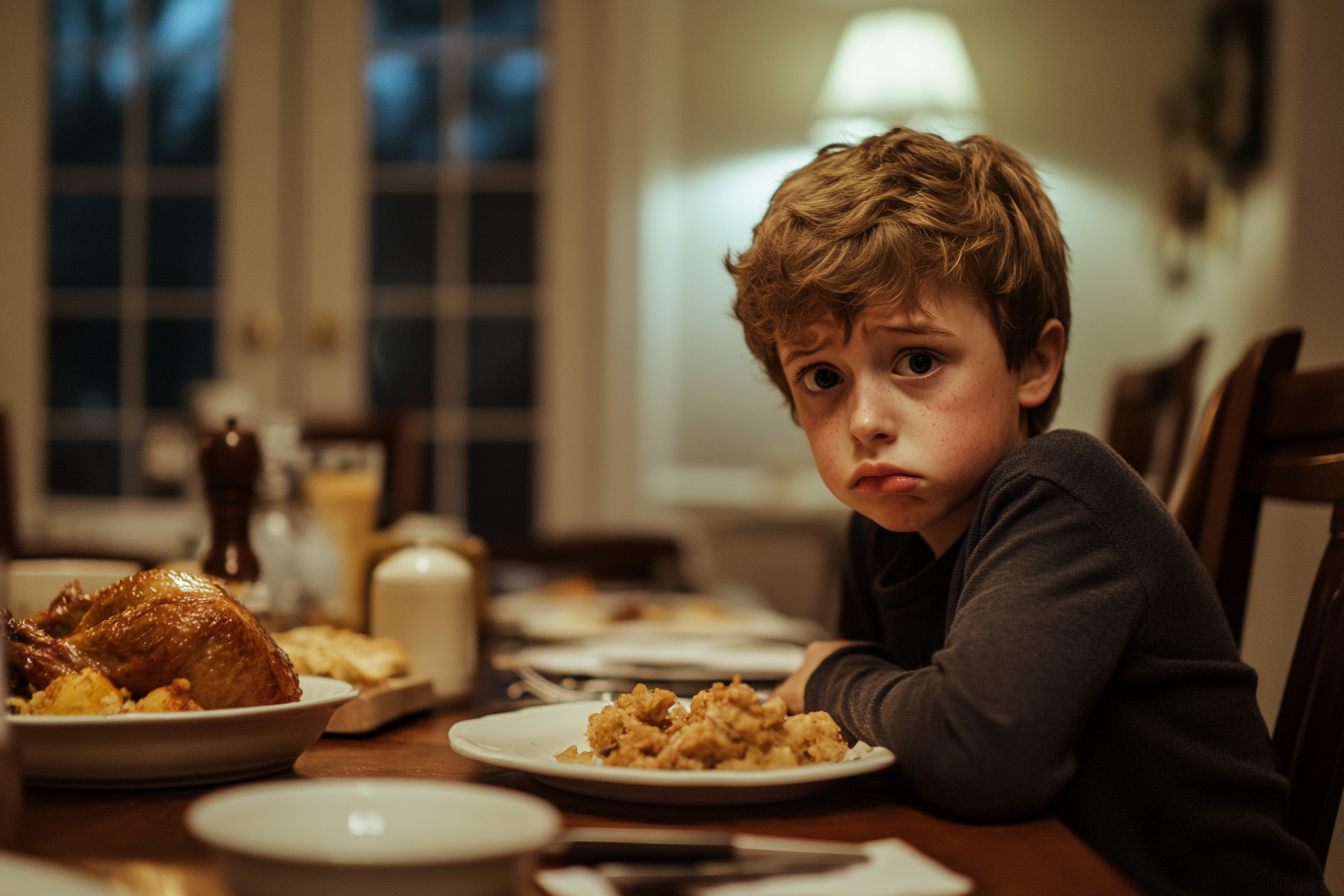 Un niño triste en la mesa | Fuente: Midjourney