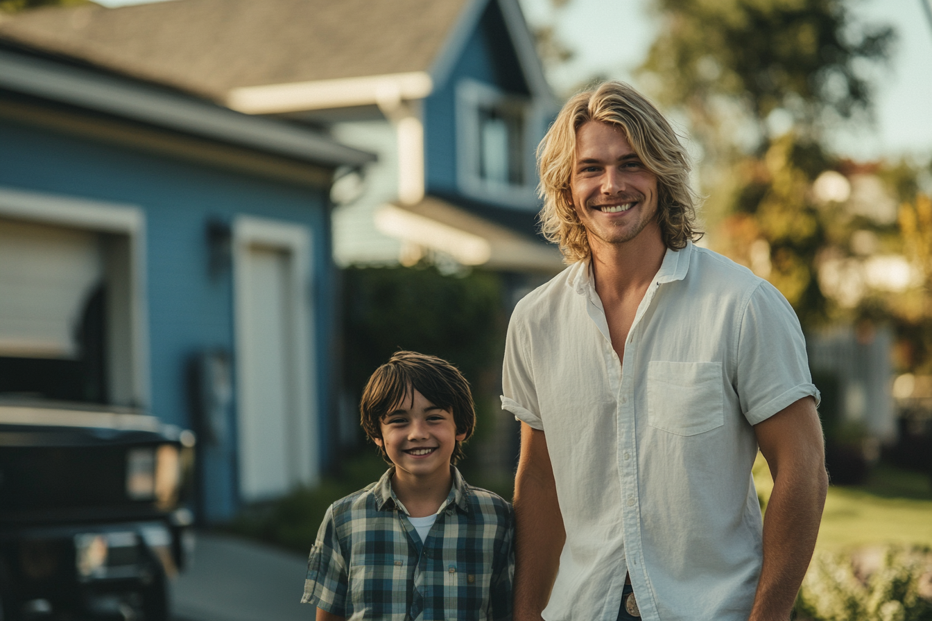 Padre e hijo de pie en el camino de entrada frente a una casa azul con sonrisas cómplices | Fuente: Midjourney