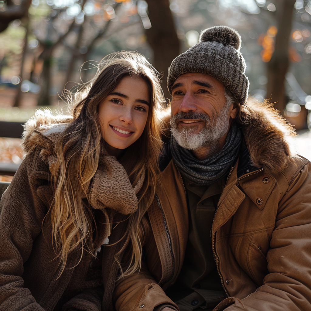 Hija y padre esperanzado sentados en el parque | Fuente: Midjourney