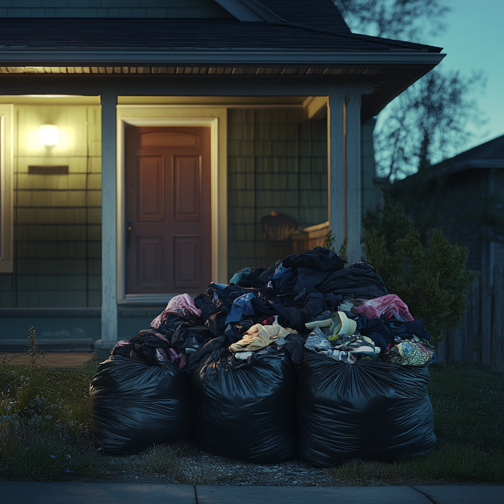 Bolsas de basura en el exterior de una casa | Fuente: Midjourney