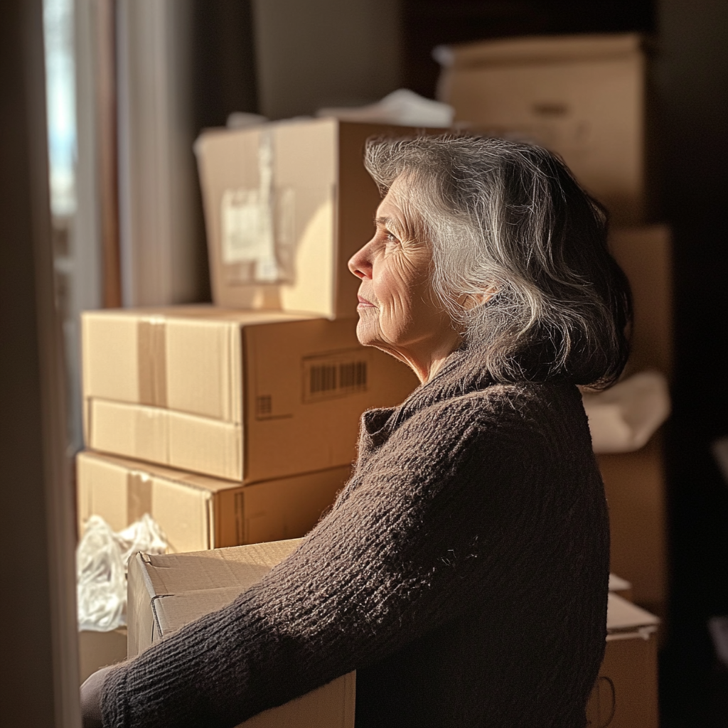 Anciana en una habitación llena de cajas | Fuente: Midjourney