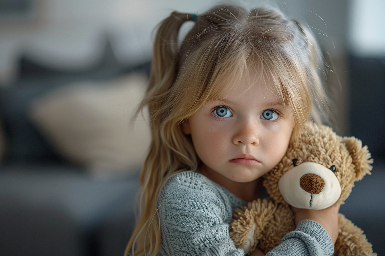 Niña triste con un osito de peluche en la mano | Fuente: Midjourney