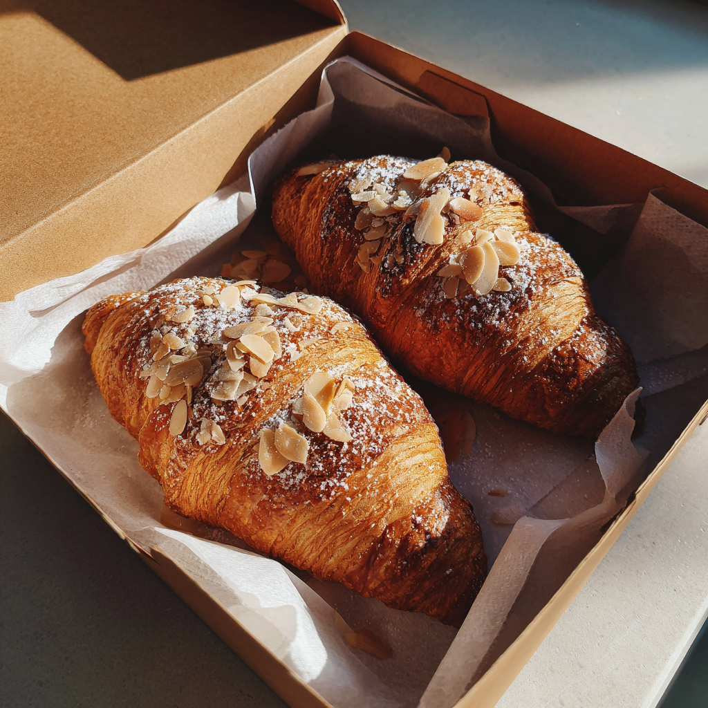 Dos croissants de almendra en una caja de panadería | Fuente: Midjourney