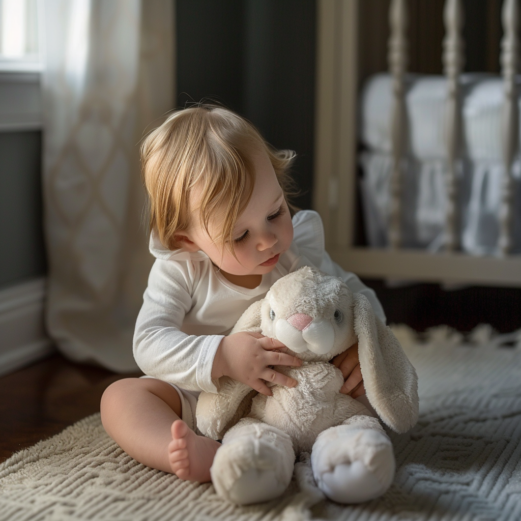 Una niña jugando con un conejito de peluche | Fuente: Midjourney