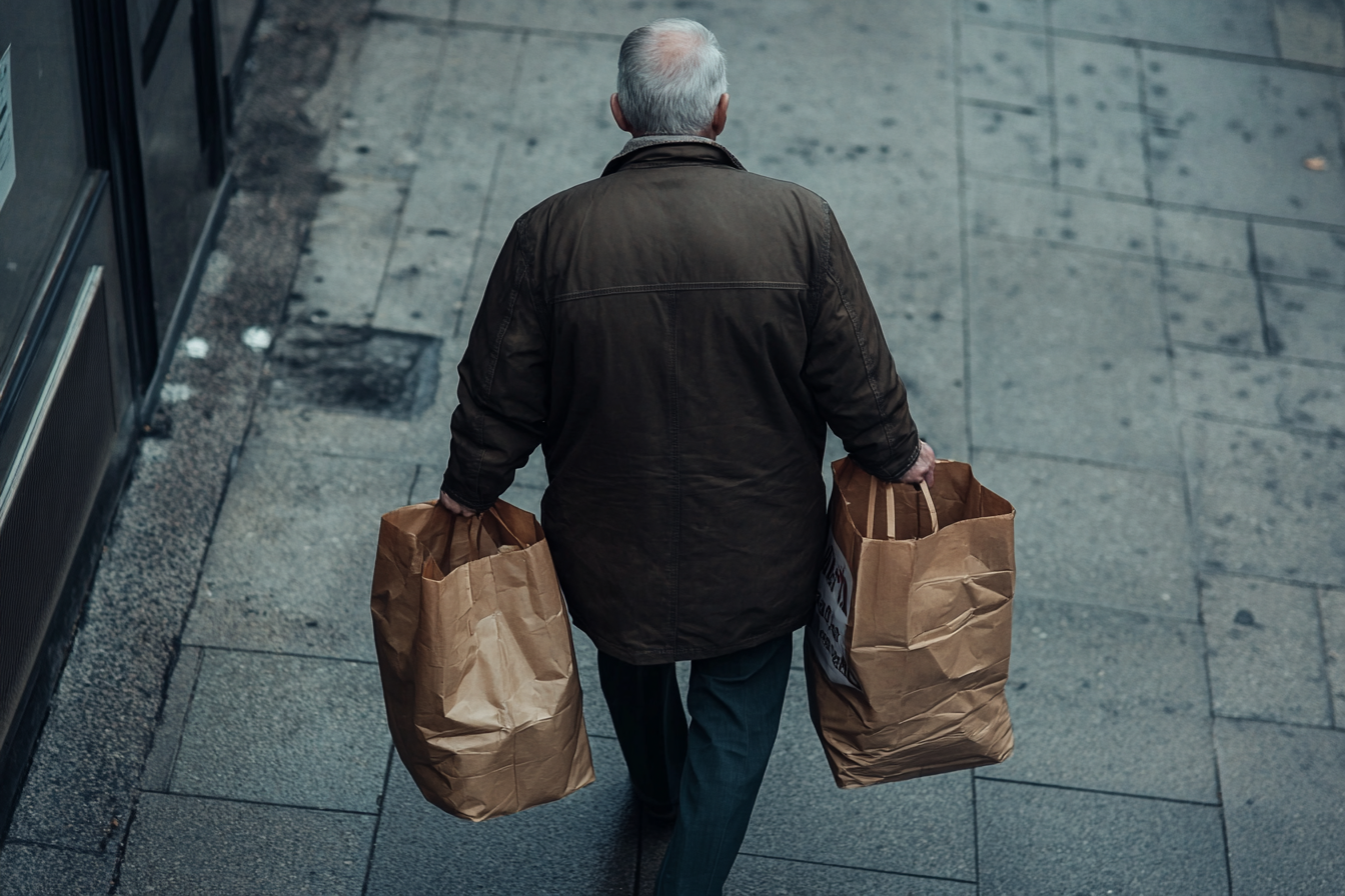 Un hombre caminando por una acera con la compra | Fuente: Midjourney