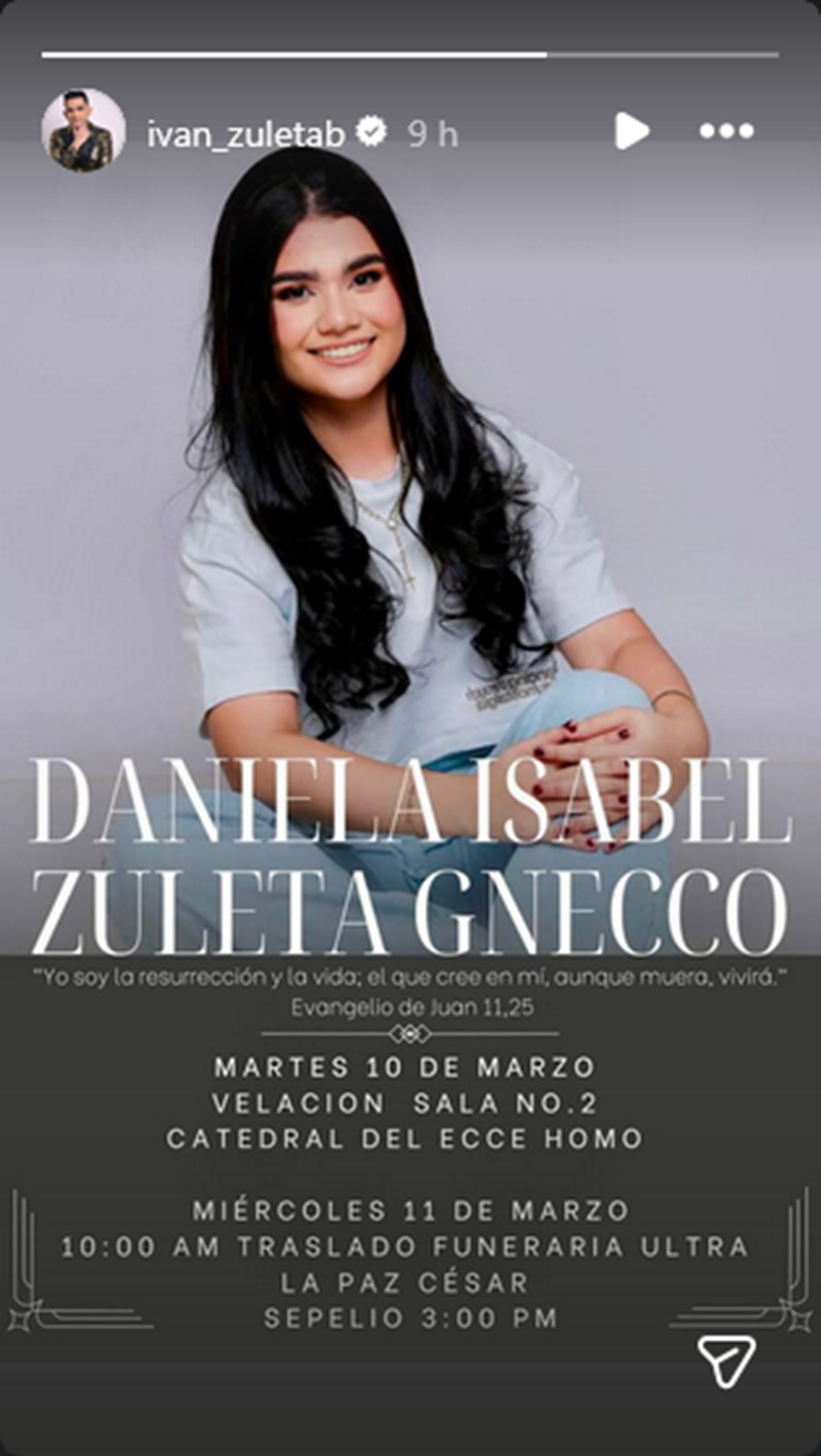 Iván Zuleta compartió detalles de las exequias de su sobrina, Daniela Isabel Zuleta Gnecco | Fuente: Instagram Stories/ivan_zuletab