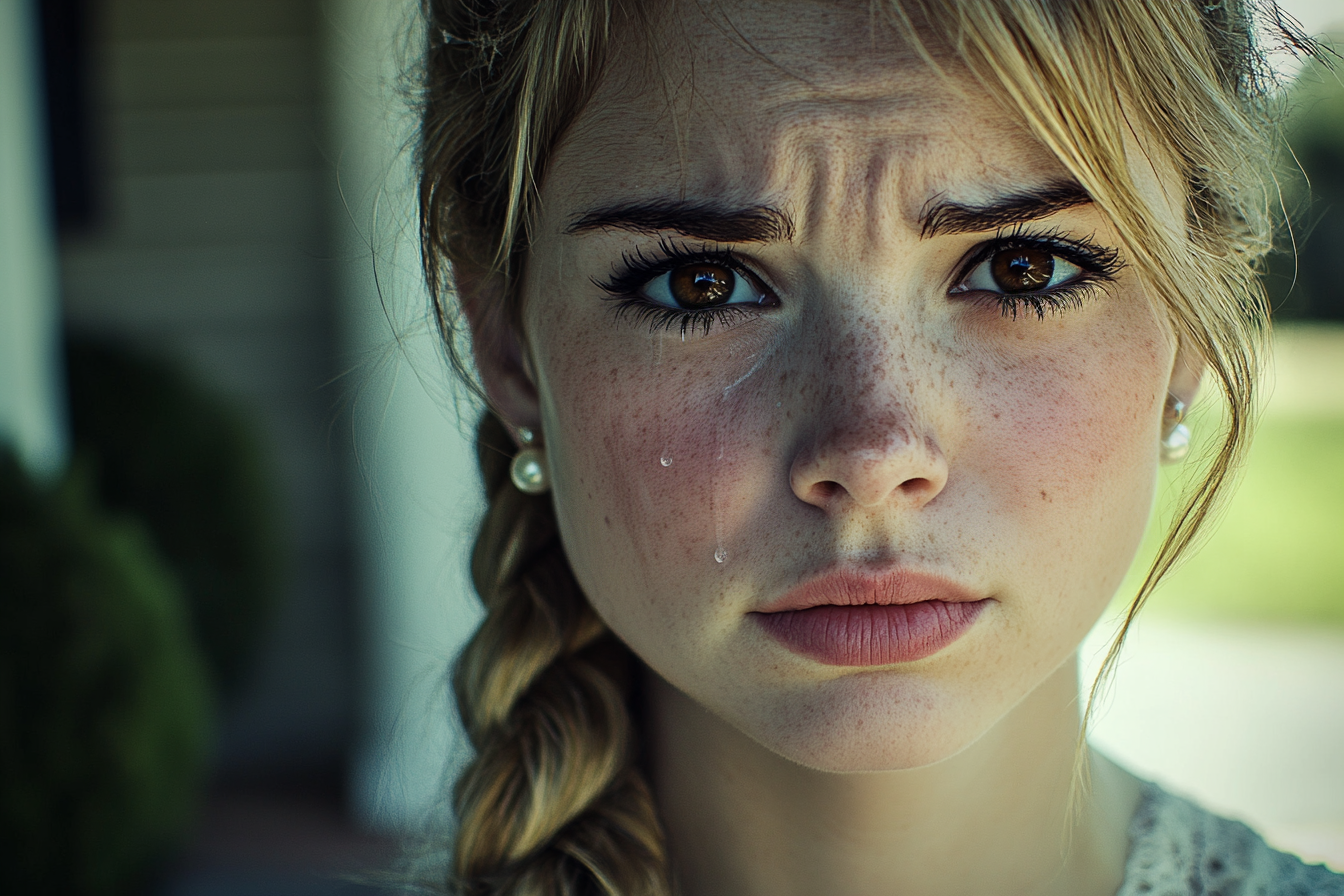 Mujer de unos 20 años llorando en el porche | Fuente: Midjourney