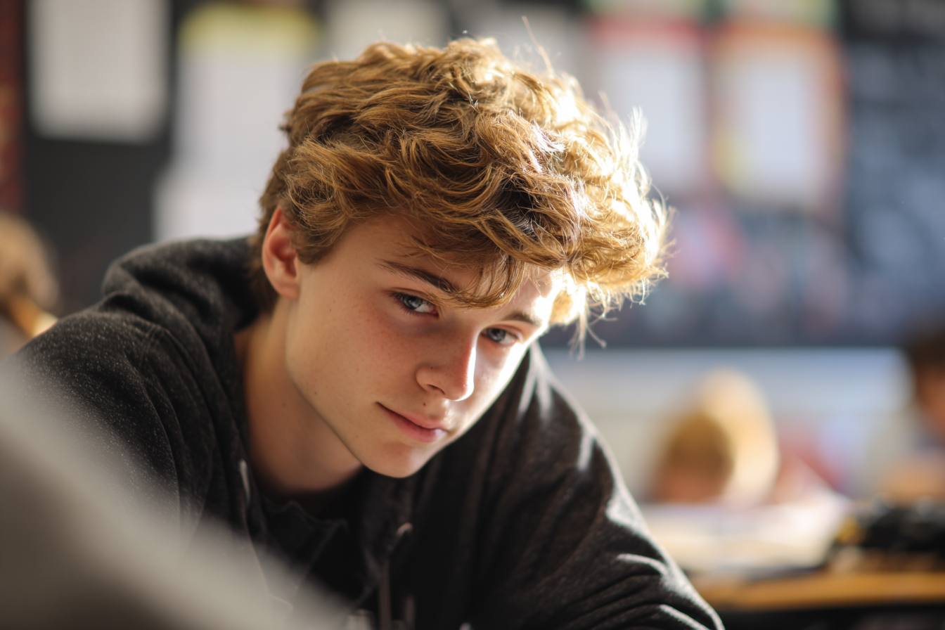 Un ragazzo seduto in un'aula, con lo sguardo rivolto verso il basso | Fonte: Midjourney