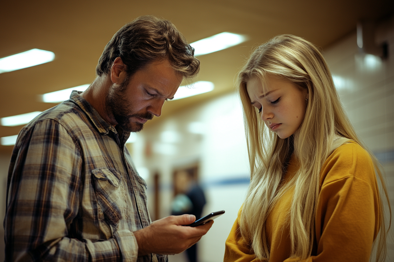 Un hombre usando su teléfono mientras su triste hija adolescente está de pie cerca | Fuente: Midjourney