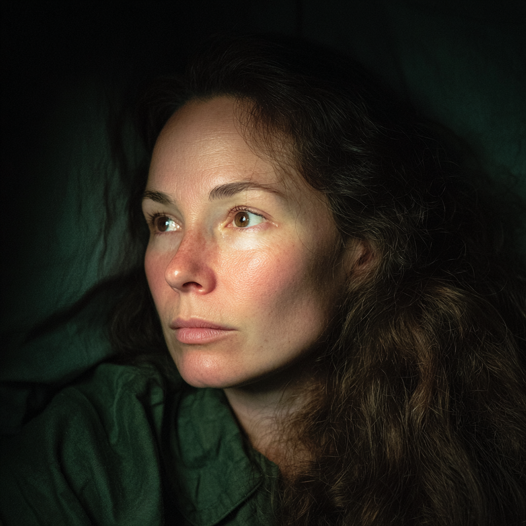 Una mujer preocupada tumbada en la cama | Fuente: Midjourney