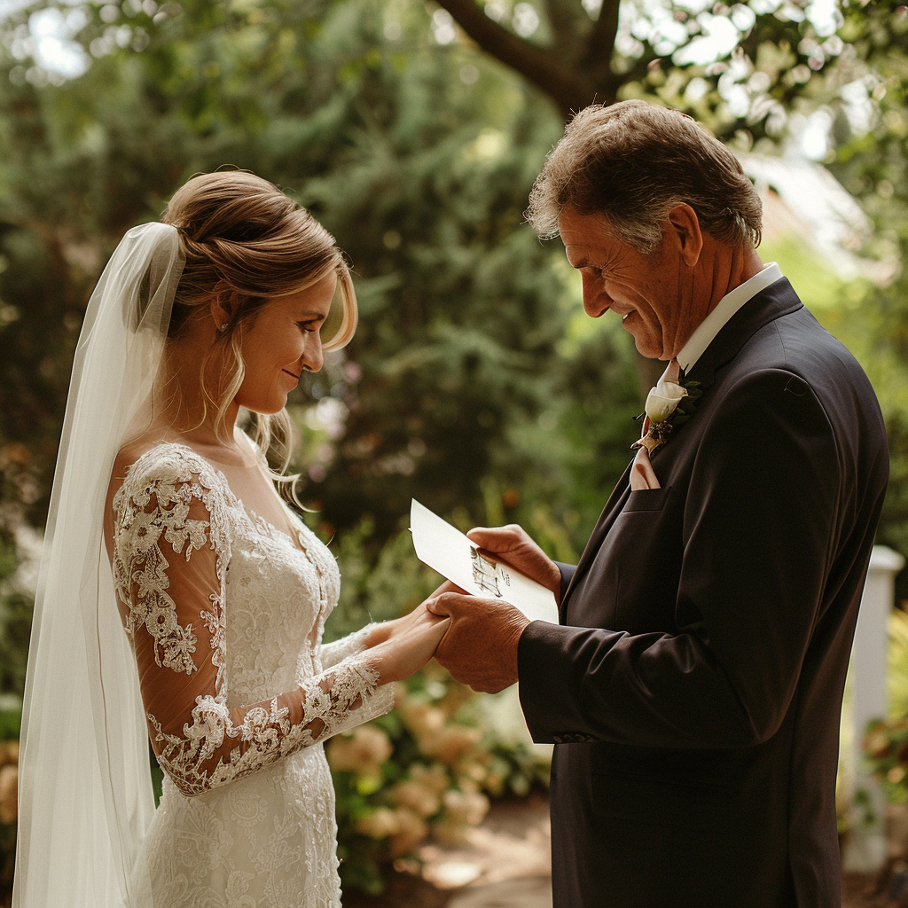 Un padre dando un sobre a su hija el día de su boda | Fuente: Midjourney