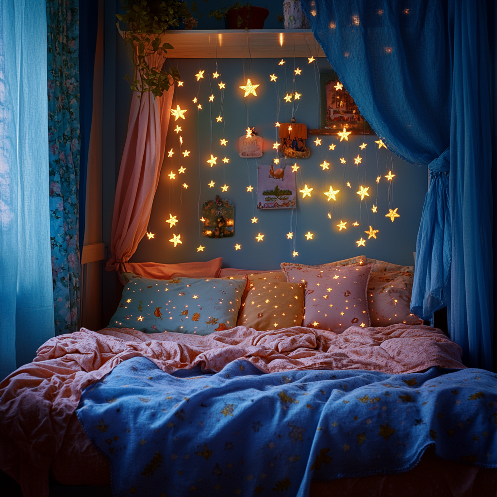 La habitación de una niña decorada con estrellas que brillan en la oscuridad | Fuente: Midjourney