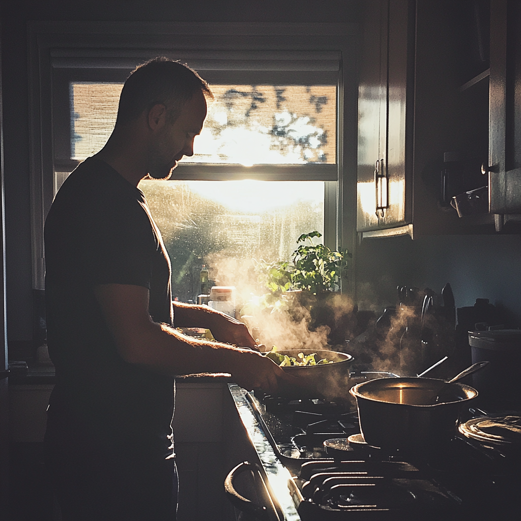 Un hombre ocupado en la cocina | Fuente: Midjourney