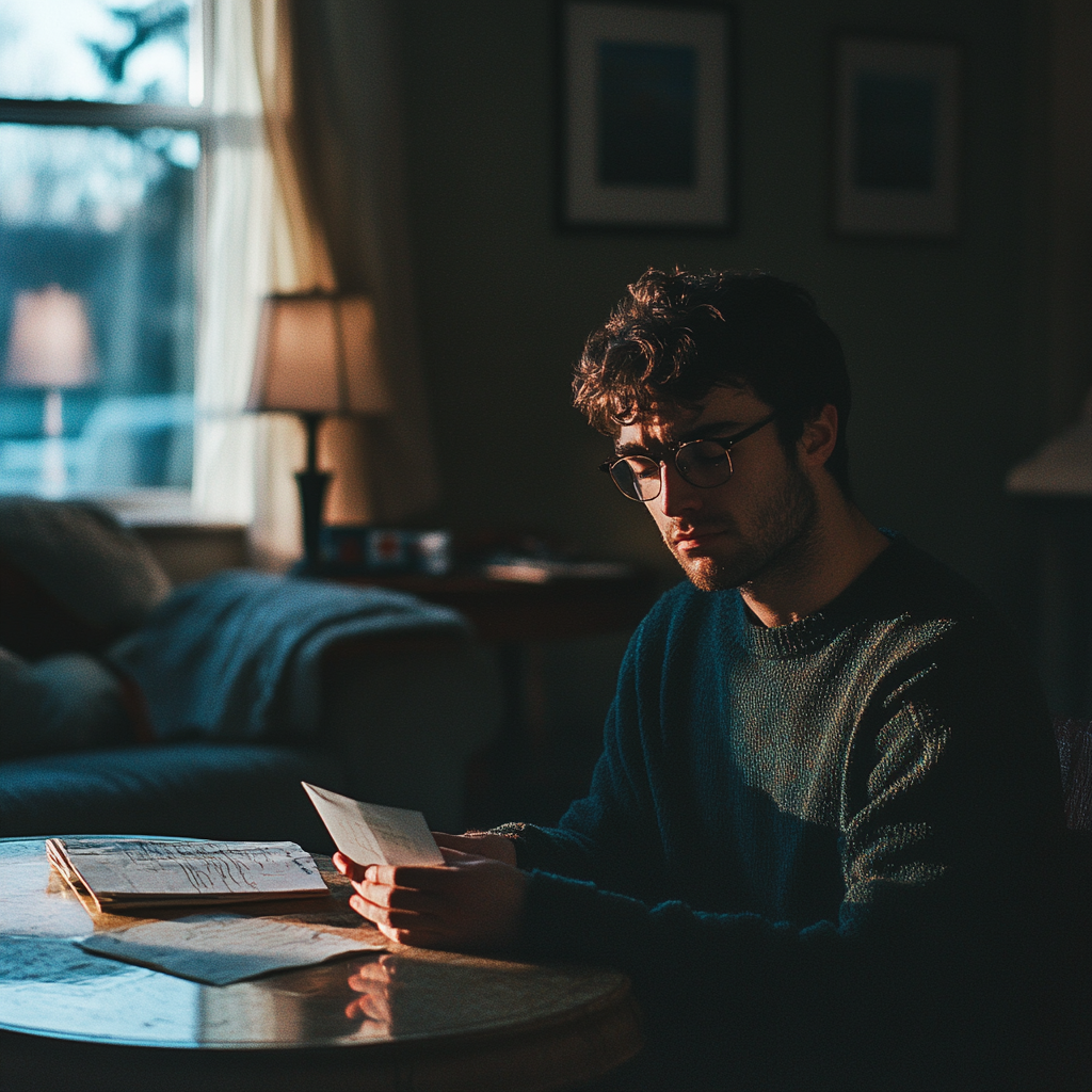 Un hombre leyendo su nota en el salón de su casa | Fuente: Midjourney