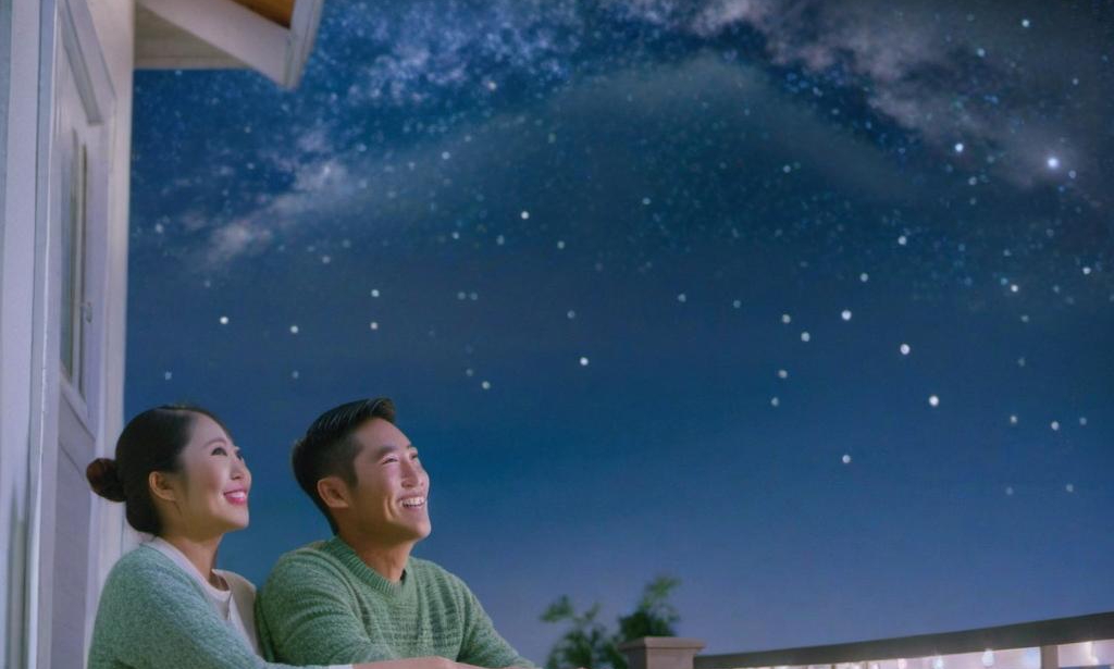 Una pareja feliz observando las estrellas | Fuente: Midjourney