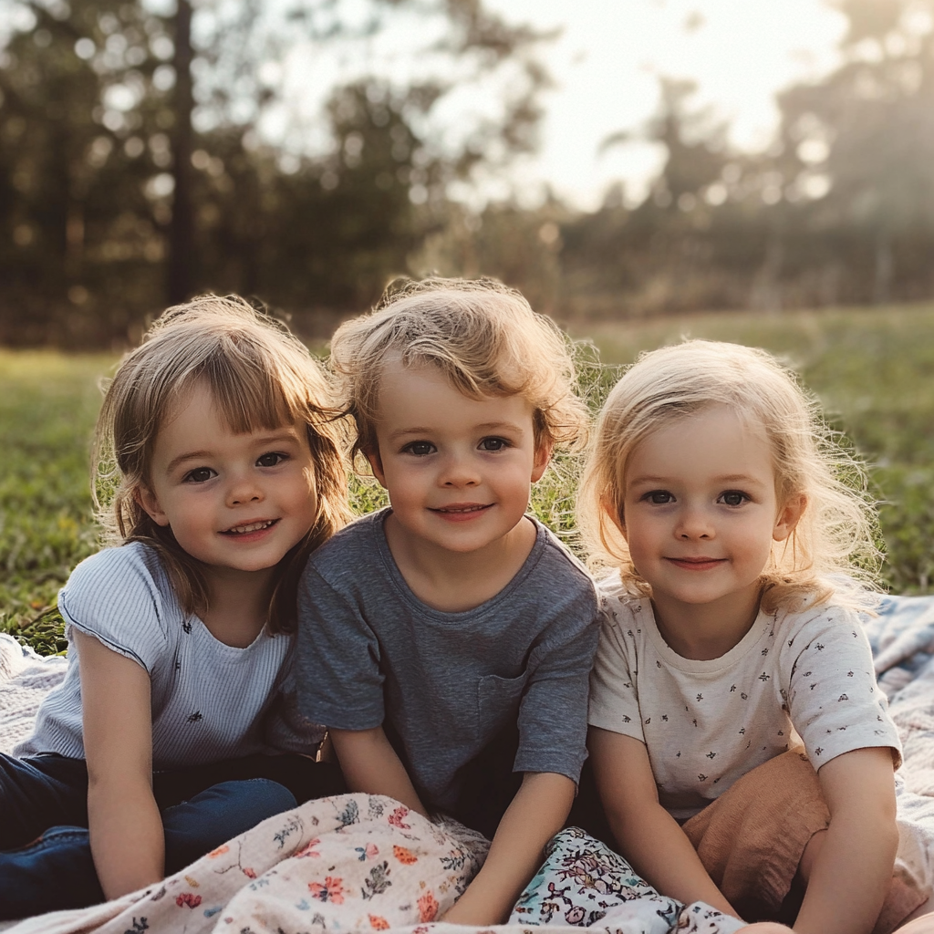 Niños sentados al aire libre | Fuente: Midjourney