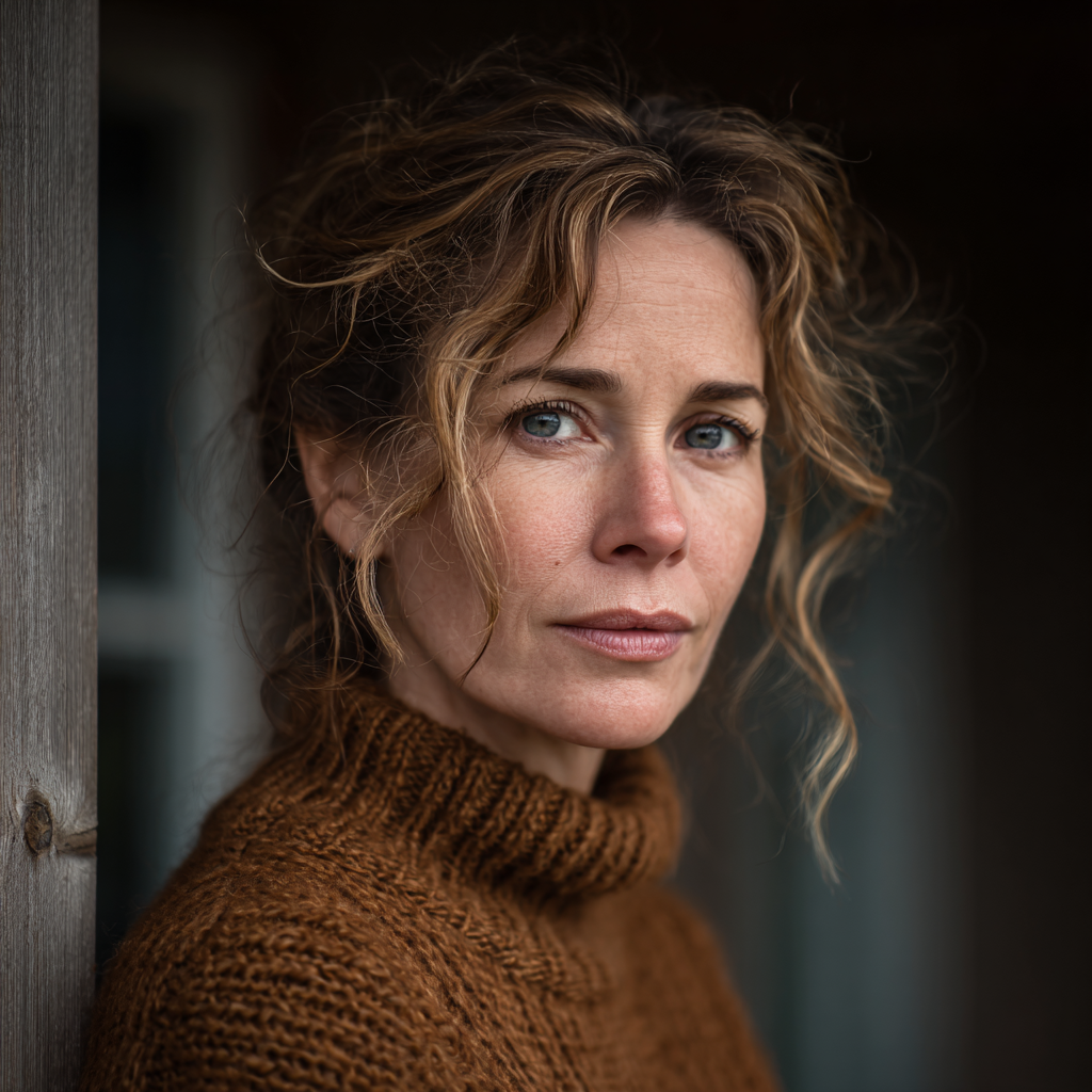 Una donna pensierosa in piedi su un portico | Fonte: Midjourney