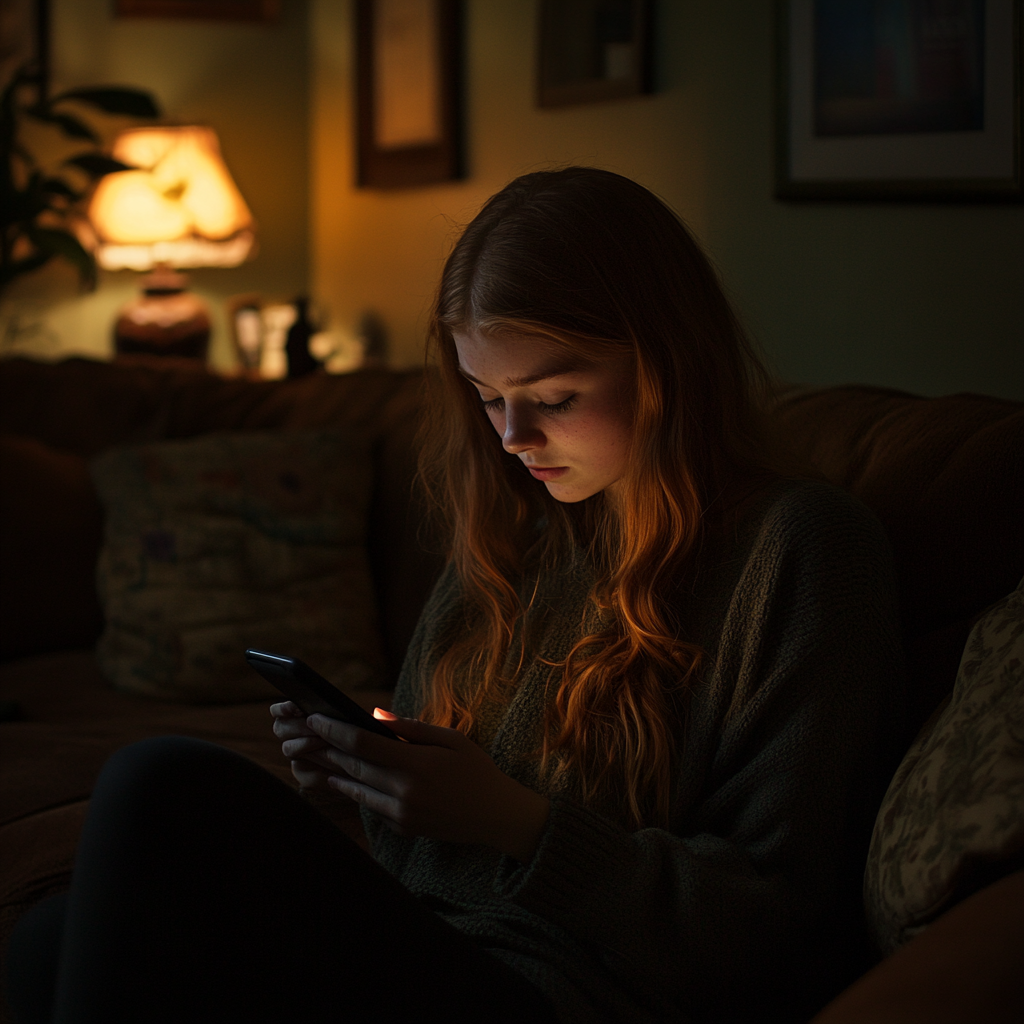 Una chica triste mirando su teléfono | Fuente: Midjourney