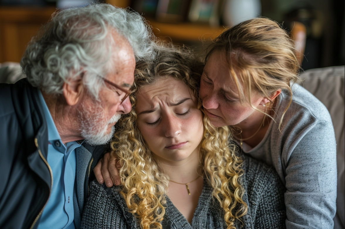 Una pareja madura abrazando a su emocionada hija | Fuente: Midjourney