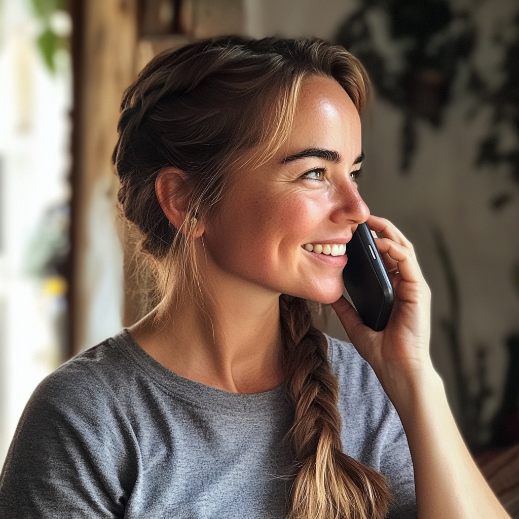 Una joven sonriente hablando por teléfono | Fuente: Midjourney