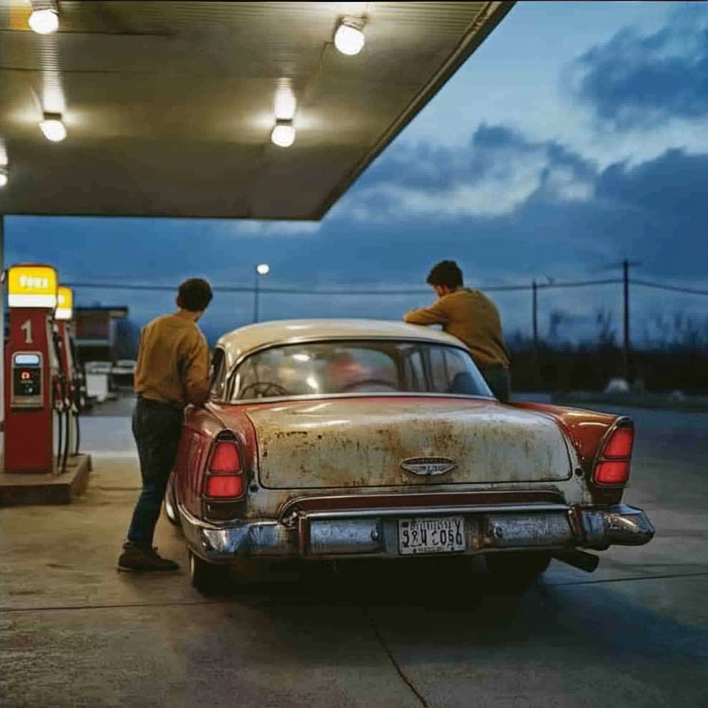 Hombres empujando un Automóvil viejo en una gasolinera | Fuente: Midjourney