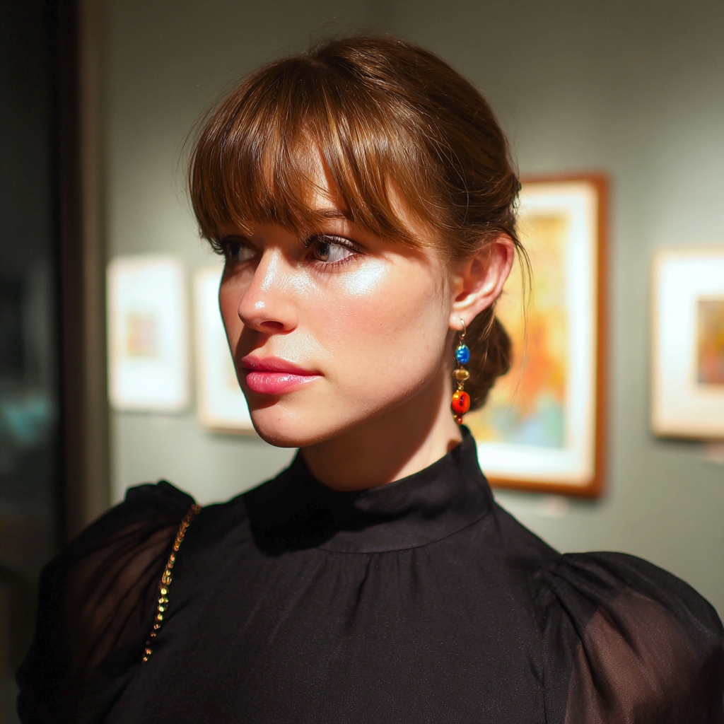 Una donna pensierosa in una galleria d'arte | Fonte: Midjourney
