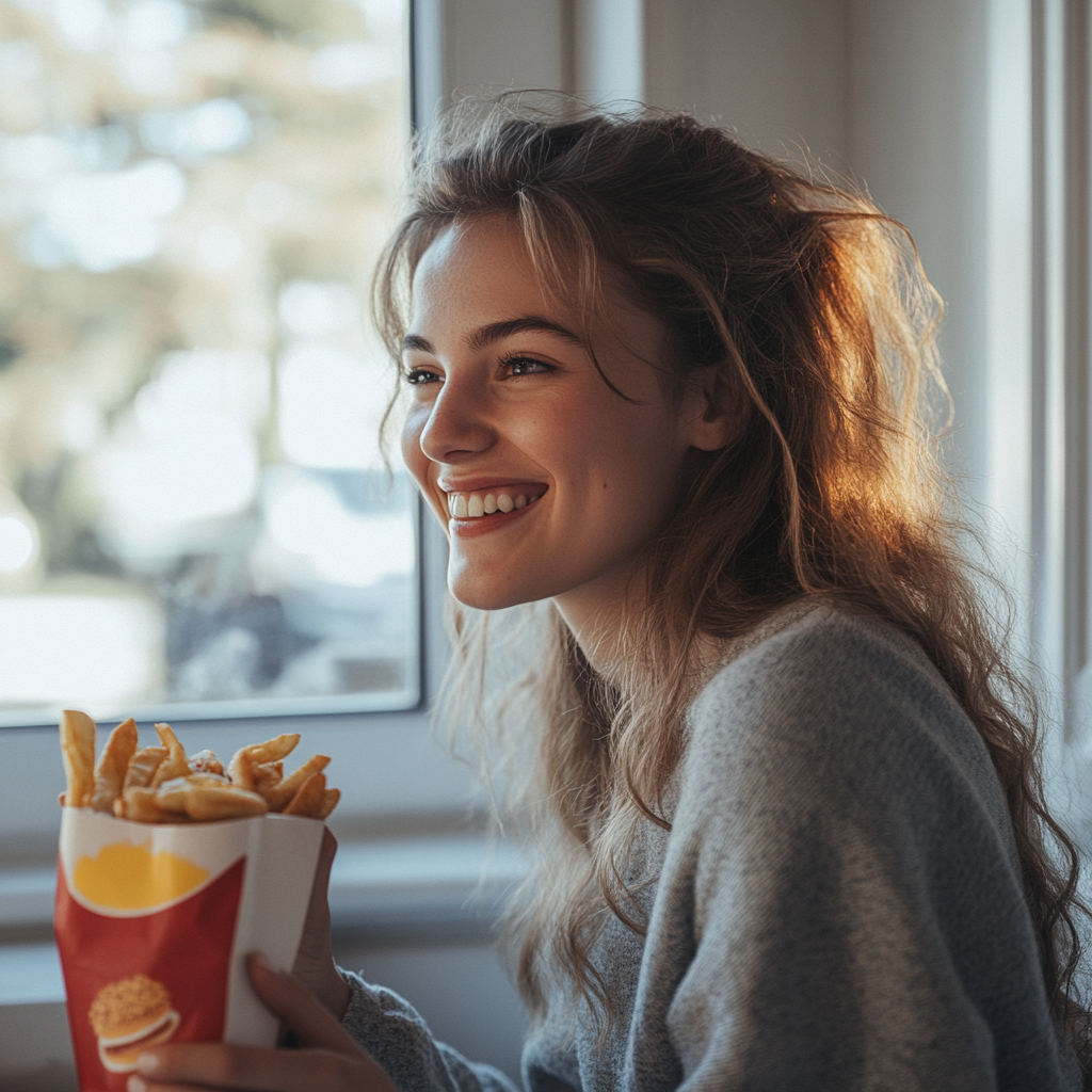 Una mujer sonriente comiendo comida rápida | Fuente: Midjourney