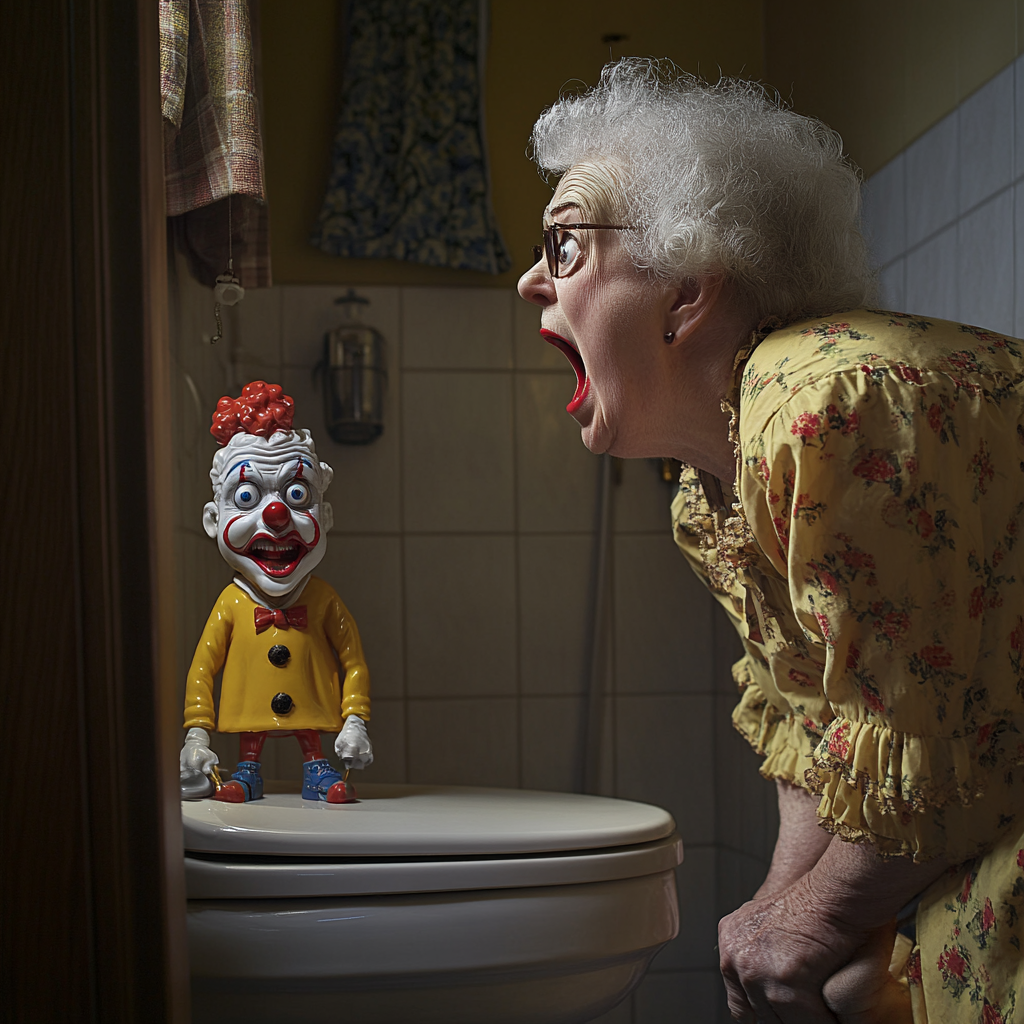 Laura chillando al ver un payaso en el baño | Fuente: Midjourney