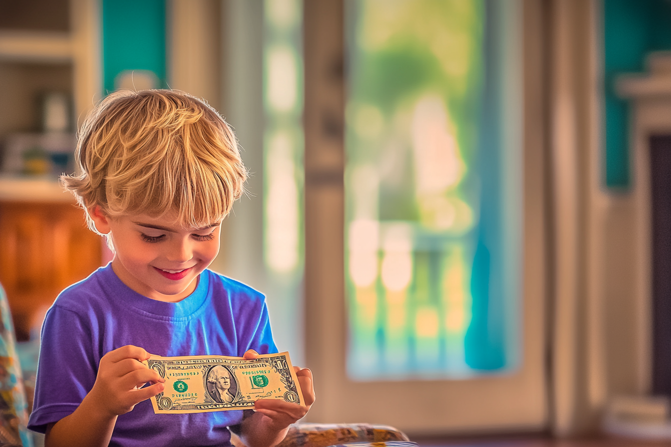 Un niño sonriendo mientras mira dinero | Fuente: Midjourney