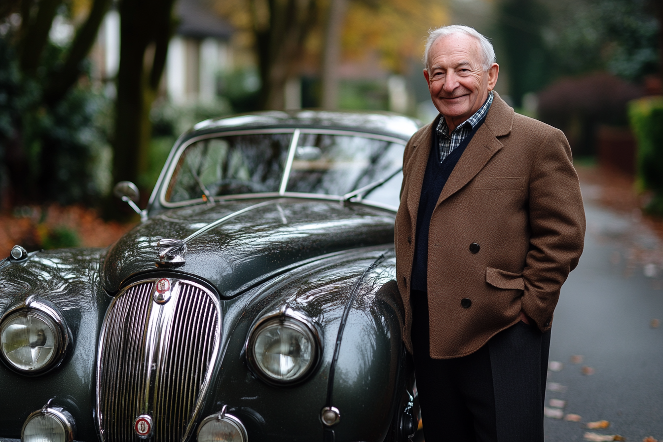 Un hombre con una cálida sonrisa junto a un Automóvil antiguo | Fuente: Midjourney