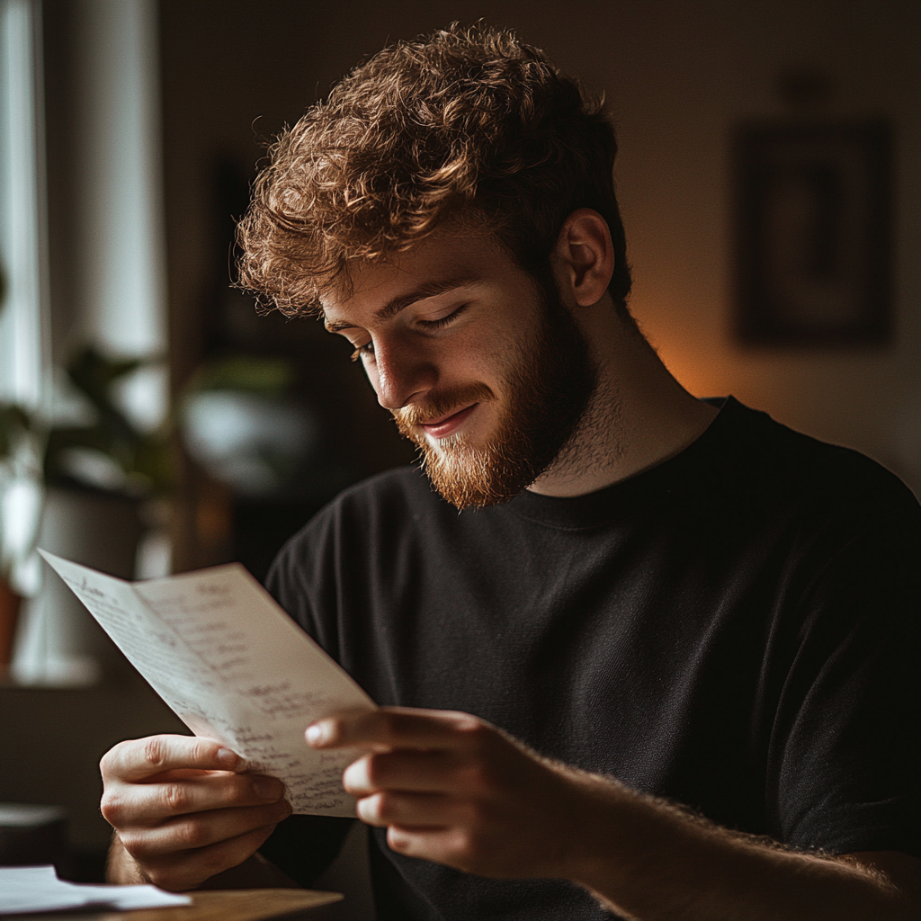 Un hombre sonriente leyendo una carta | Fuente: Midjourney