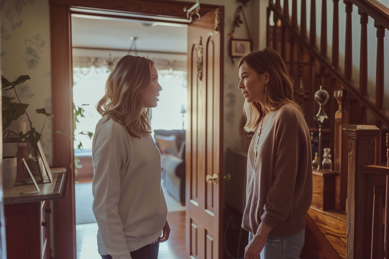 Dos mujeres hablando en un pasillo | Fuente: Midjourney