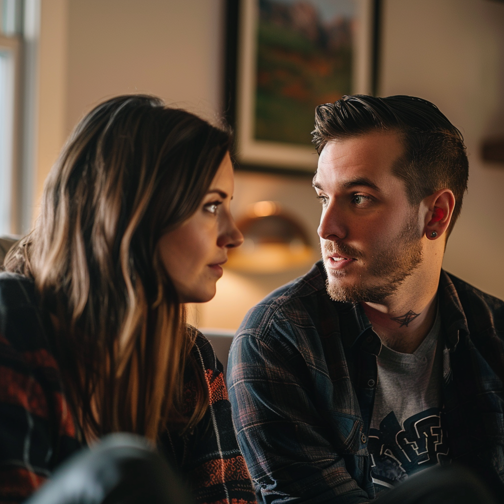 Una pareja manteniendo una conversación seria en casa | Fuente: Midjourney