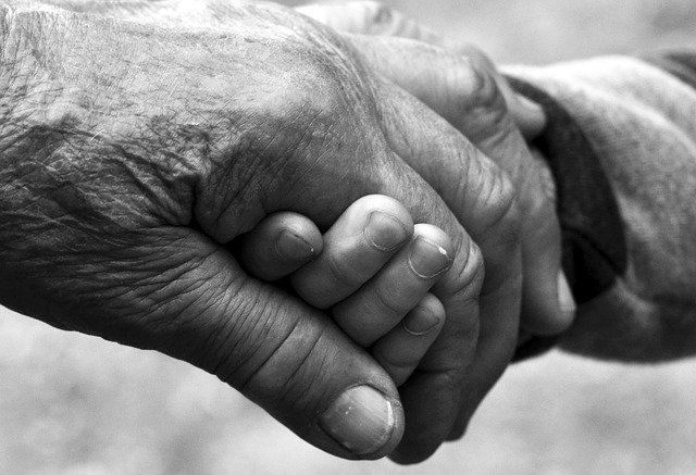 Anciano y joven agarrados de las manos. │ Foto: Pixabay