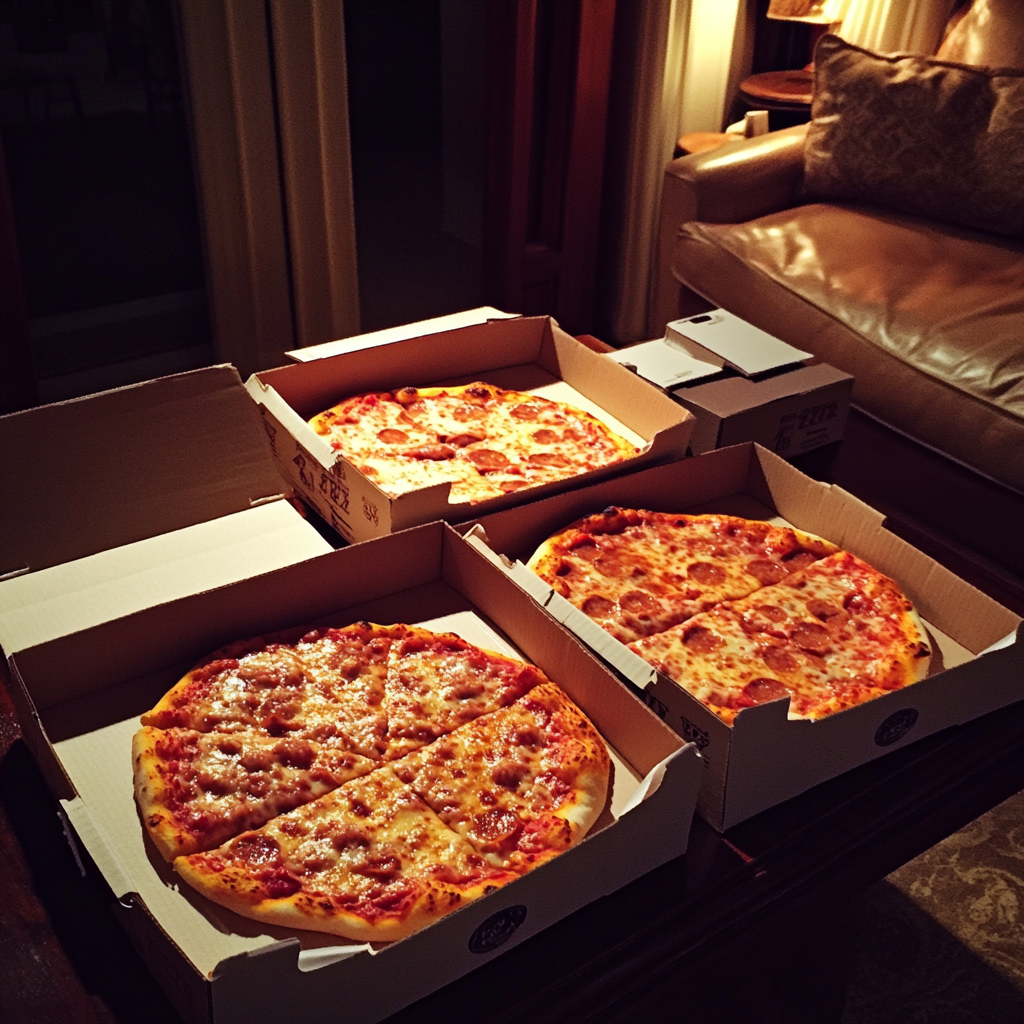 Cajas de pizza sobre una mesa de café | Fuente: Midjourney