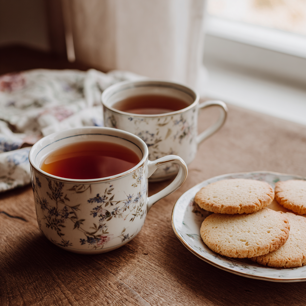 Tazas de té y un plato de galletas sobre una mesa | Fuente: Midjourney